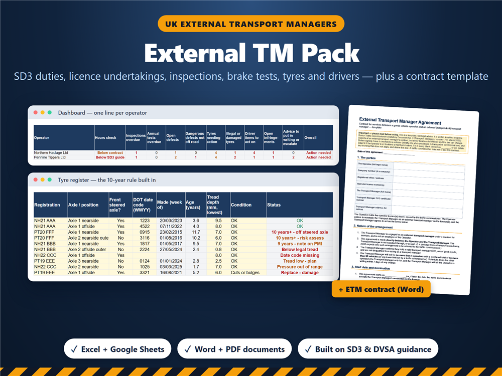 External TM Pack: dashboard, tyre register and contract template