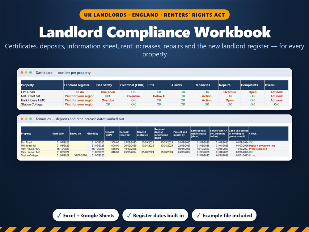 Landlord Compliance Workbook: dashboard and tenancies tab