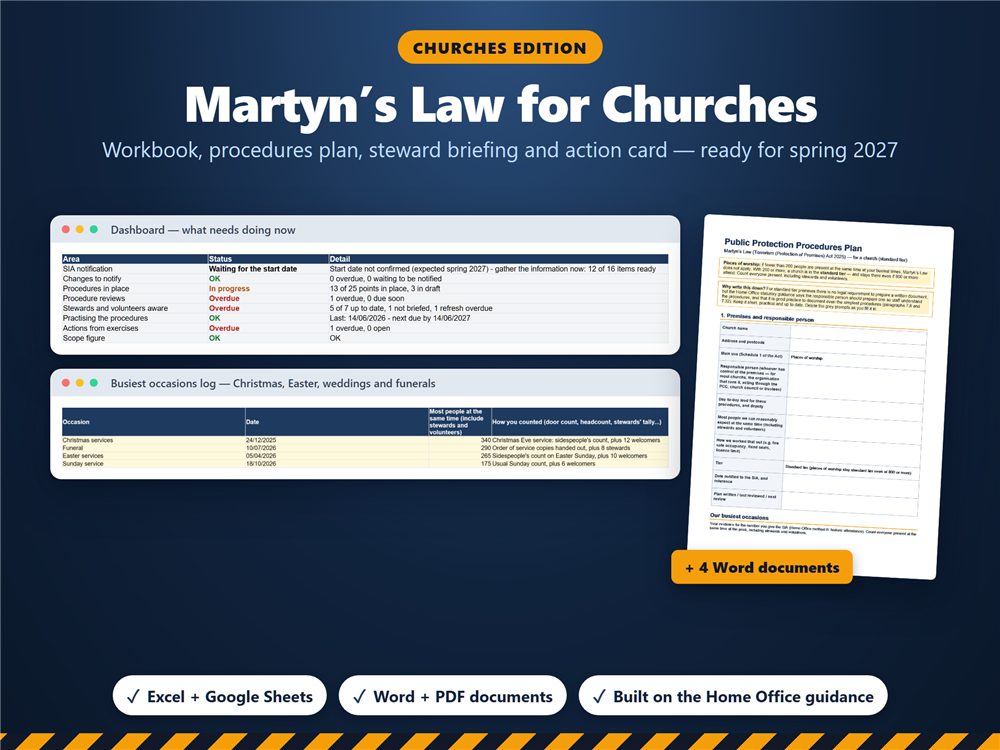 Martyn's Law for Churches: dashboard, busiest occasions log and procedures plan