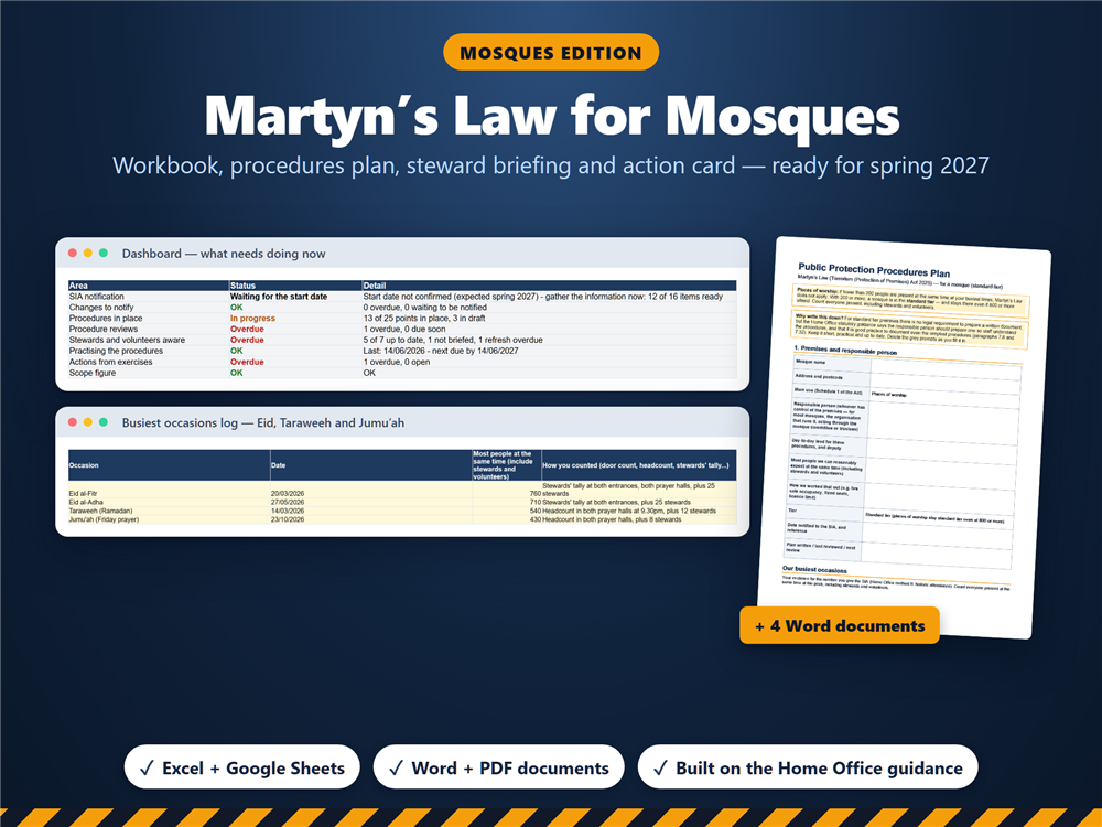 Martyn's Law for Mosques: dashboard, busiest occasions log and procedures plan