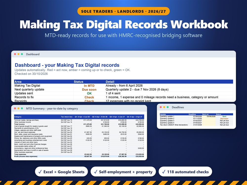 Making Tax Digital Records Workbook: dashboard, year-to-date summary by category and deadlines