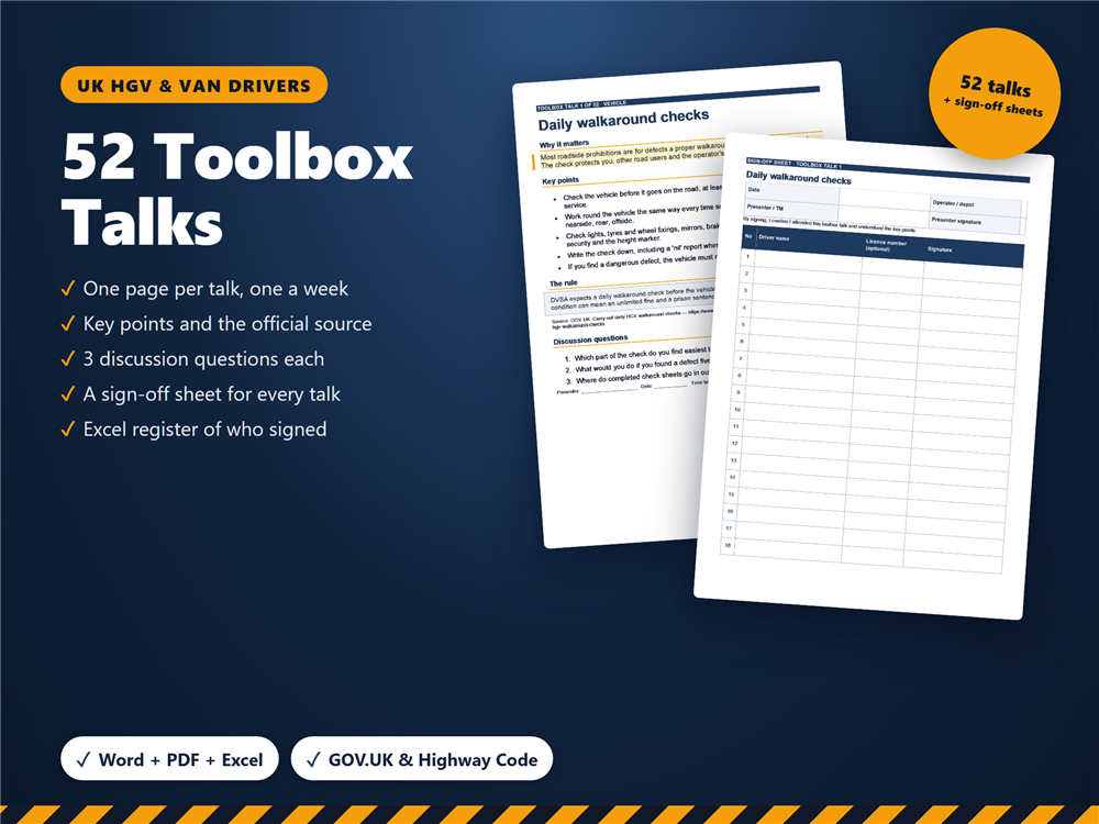 52 Toolbox Talks pack with a talk page and its sign-off sheet